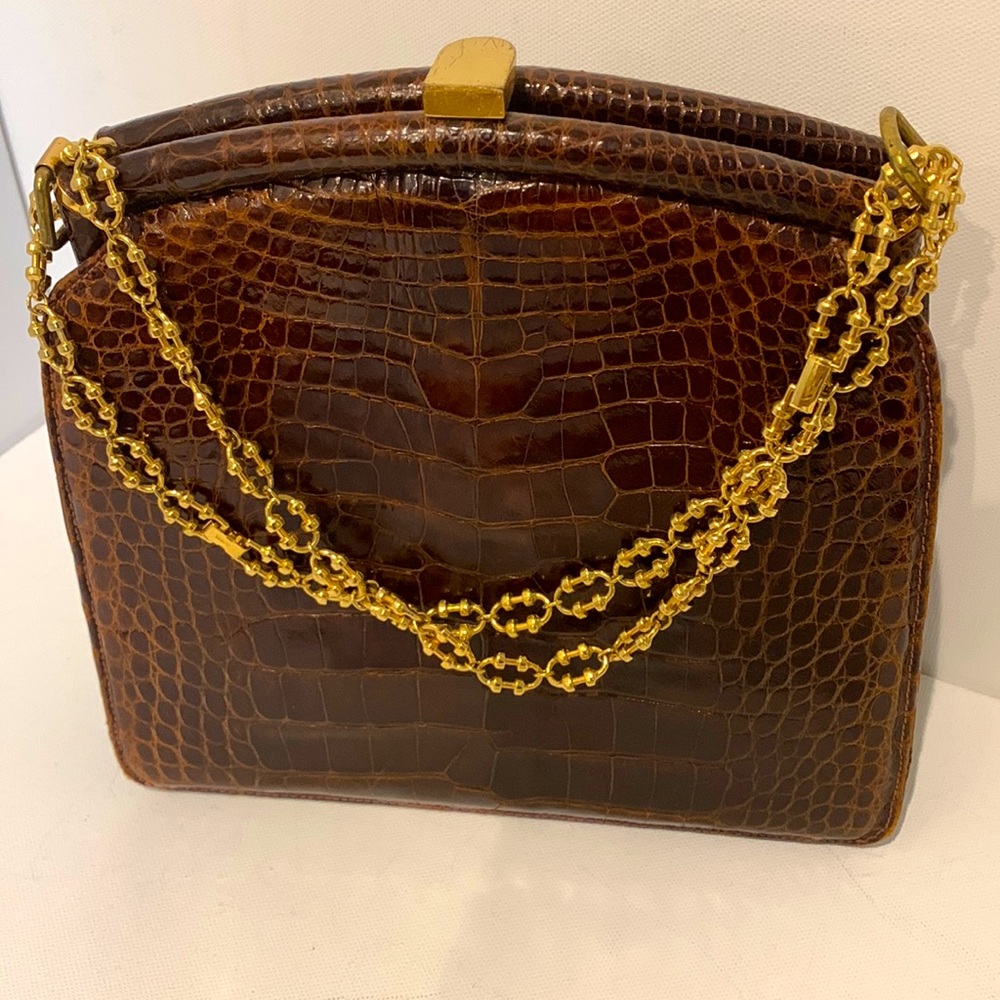 Lucille De Paris 🤎 Alligator Reptile RARE Brown Vintage Purse Gold Chain HW